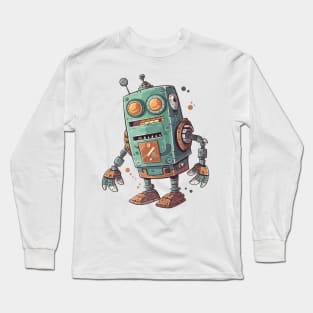 Robot, Silly Cartoon Green And Brown Robot Illustration Long Sleeve T-Shirt